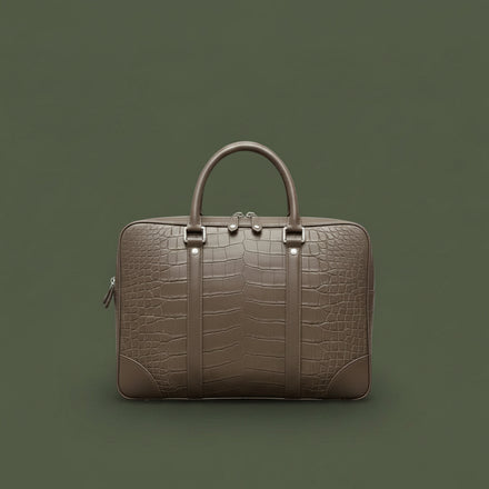 Load image into Gallery viewer, Brown crocodile-patterned briefcase on a black surface with a light gray background