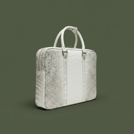 Load image into Gallery viewer, White crocodile-patterned handbag on a dark green background