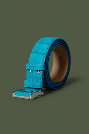Load image into Gallery viewer, Turquoise leather belt with silver buckle on a white background
