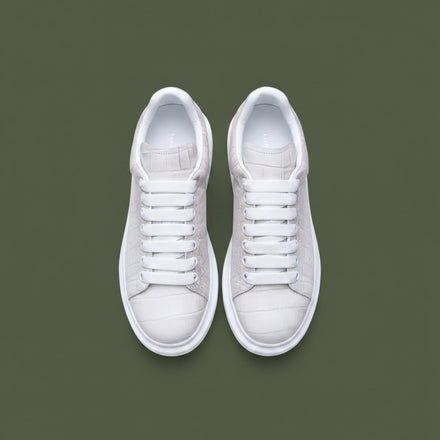 Load image into Gallery viewer, Croco White Platform Sneakers - Premium Embossed Leather
